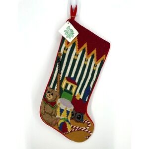 Christmas Stocking 100% Wool Needlepoint Toys With Red Cotton Velvet Backing NWT